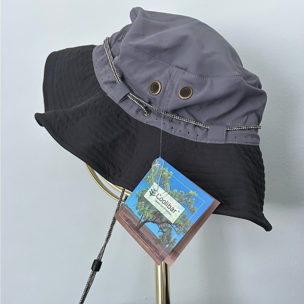 Coolibar Gray and Black Bucket Hat with Chin Strap